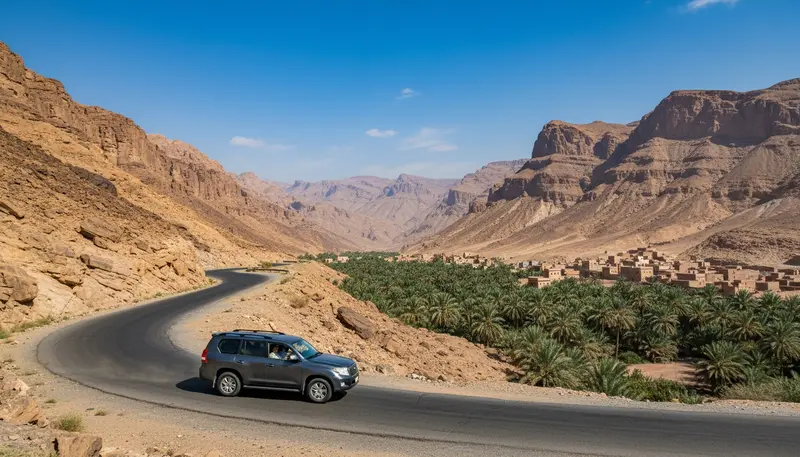Car on an empty mountain road through rocky Hajar mountains on a clear day