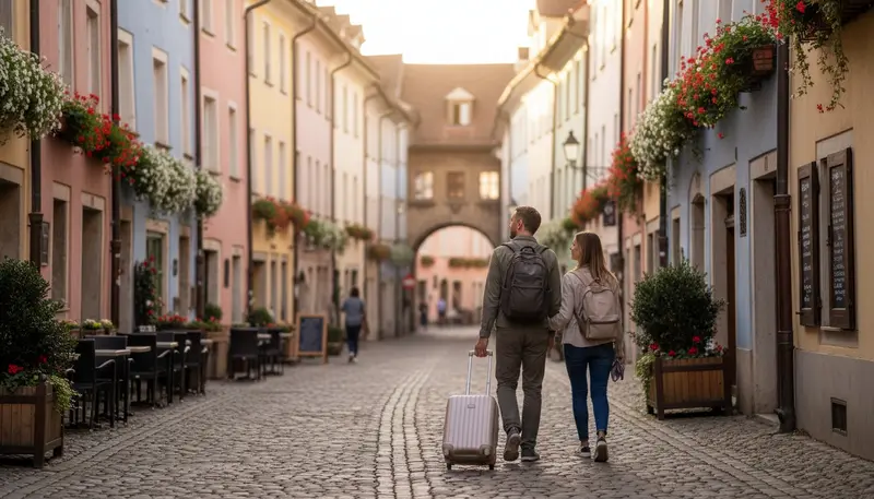 Couple with a suitcase walking down a cobbled old town street in Europe