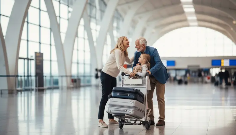 Grandparents being welcomed by their family in an airport arrivals area