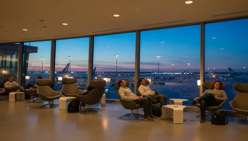 Passengers resting in a quiet airport transit lounge with large windows onto the runway at dusk