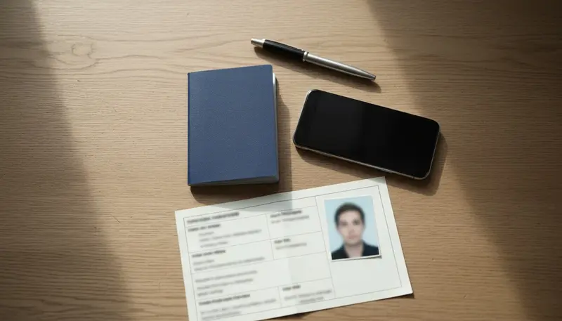 Passport, phone and travel papers laid out on a desk before a visa application