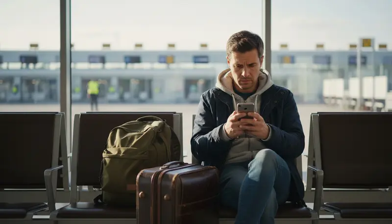 Traveller checking the date on a phone while sitting with luggage in an airport departures area