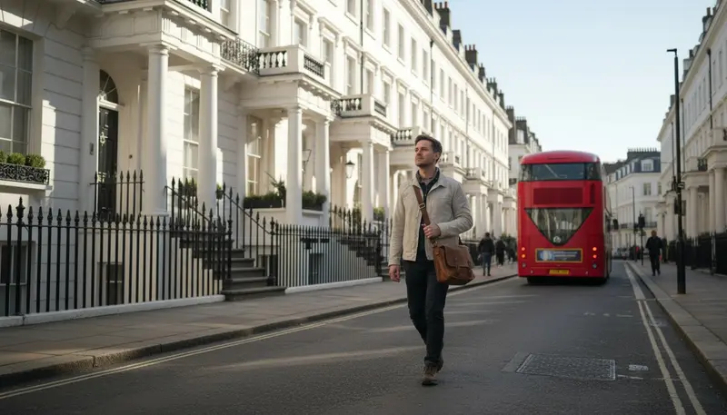 Traveller walking past period townhouses on a London street on a bright day