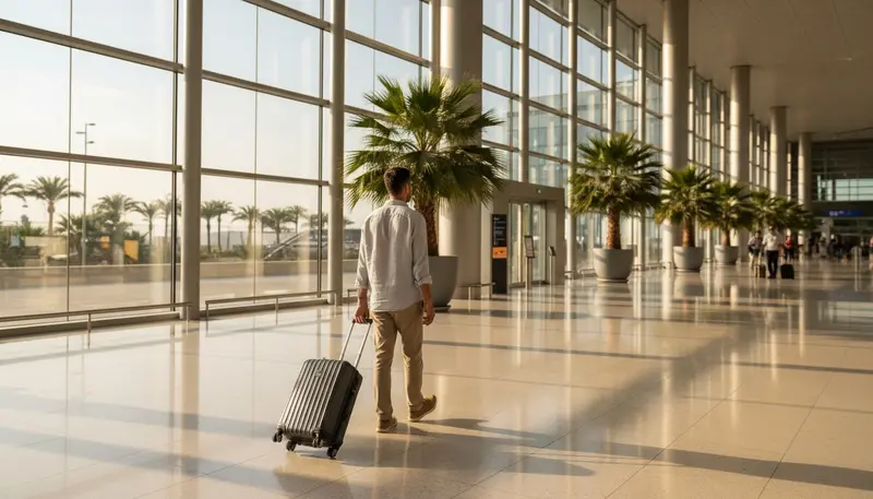 Traveller with a carry-on bag walking through a bright, modern airport arrivals hall in Dubai