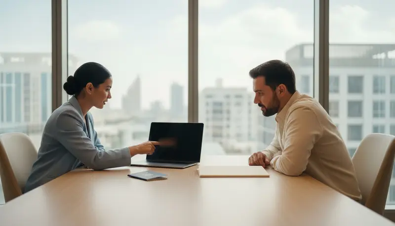 Visa adviser helping a client with an application on a laptop at a calm office desk in Dubai