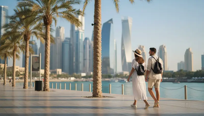 Visitors walking along a Dubai waterfront promenade with towers behind them in the late afternoon