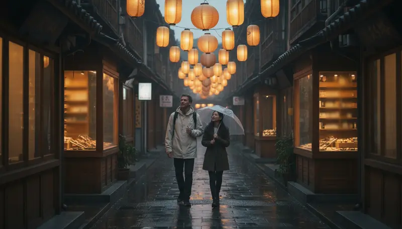 Visitors walking through a narrow lantern-lit street in an Asian city at dusk